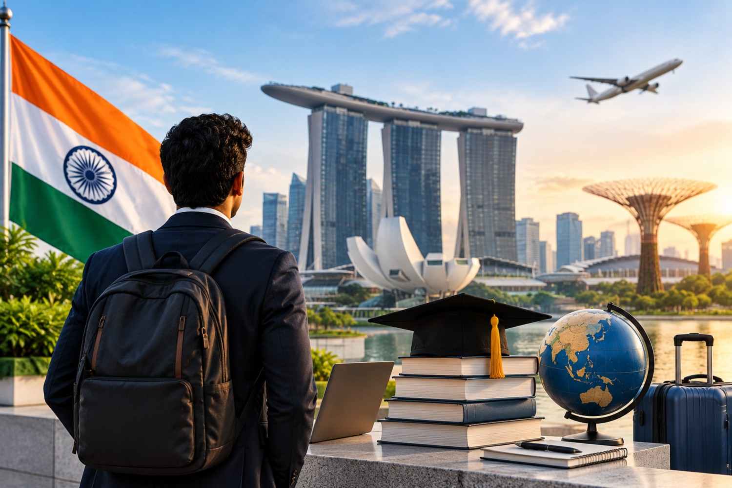 Indian MBA applicant looking toward Singapore with books, graduation cap, laptop, globe and travel symbols representing Nanyang MBA opportunities for Indian applicants.